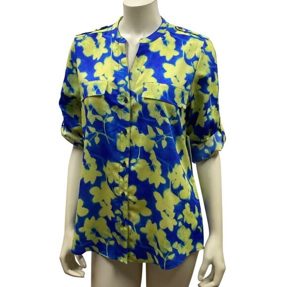 Calvin‎ Klein $74 Women Floral Print Button-Front Blouse Roll-Up Sleeves M NWT - Picture 1 of 8